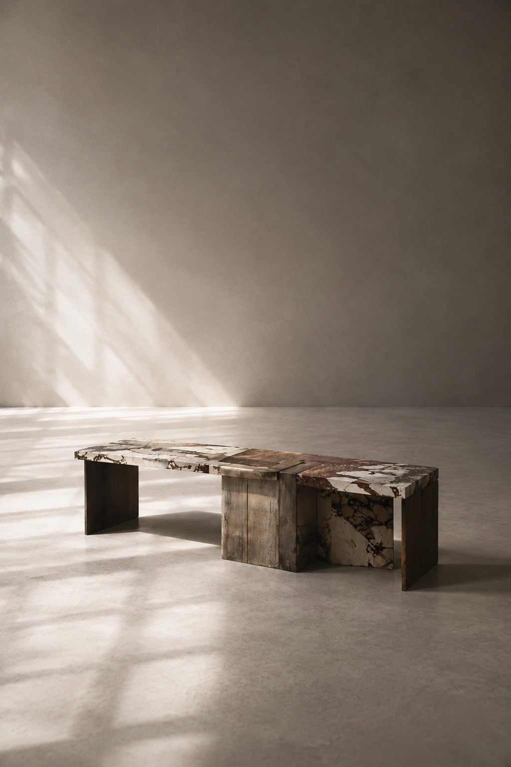 A single low marble and bronze table standing alone in an empty room, lit by window light."